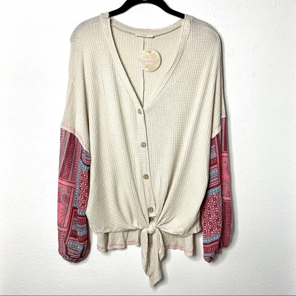 Hummingbird Boho Contrast Sheer Sleeve Thermal Top Size Small